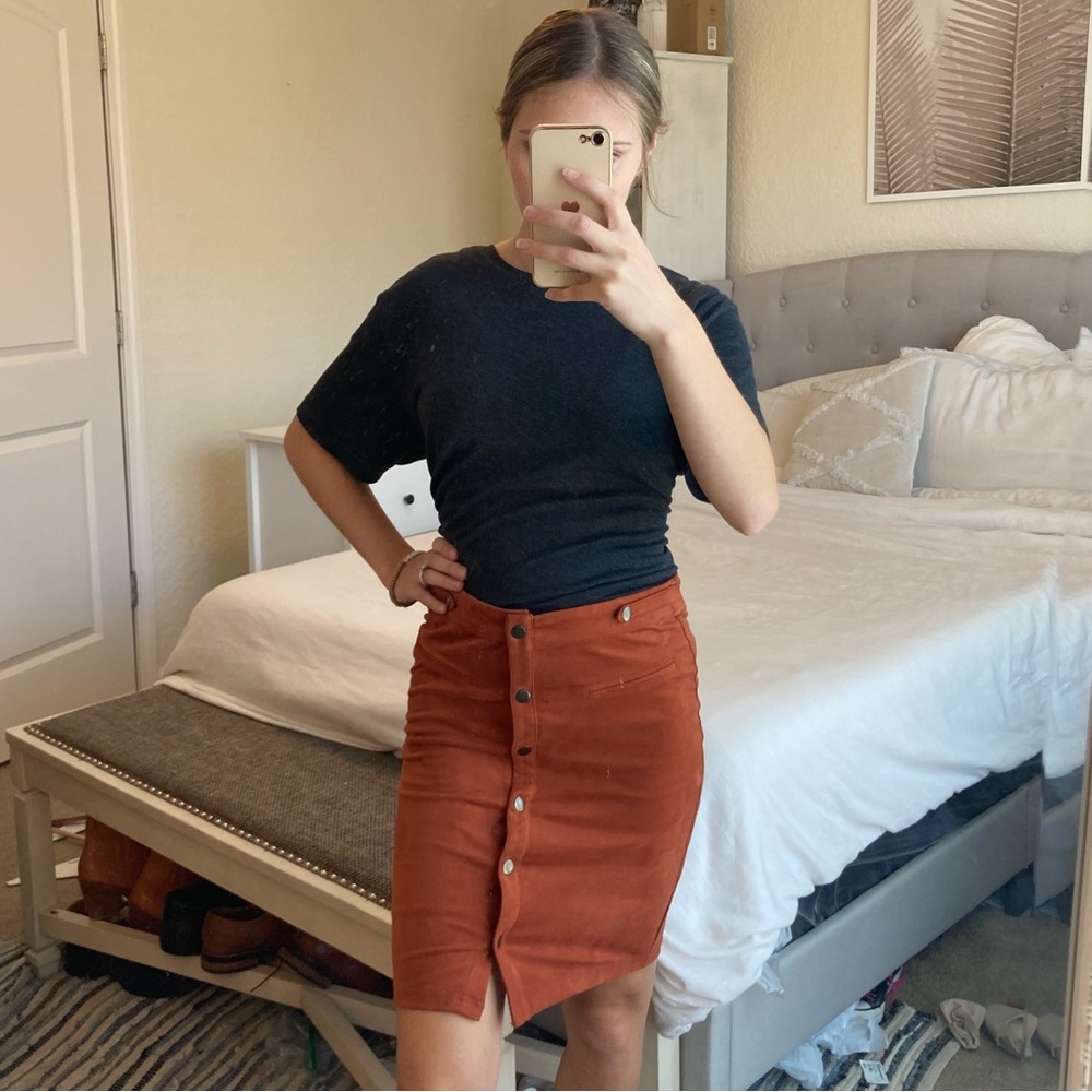 First and I burnt orange faux suede snap button skirt